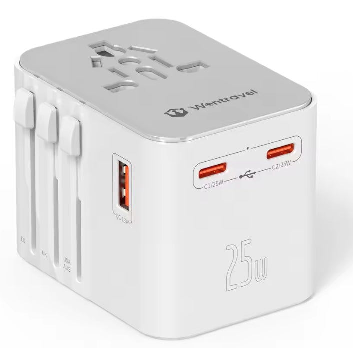 Adaptateur de voyage universel avec 4 prises secteur, 1 port USB, 2 type-c PD 25W sur prise EU UK US AUS