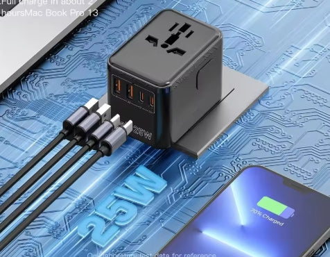Adaptateur de voyage universel avec 4 prises secteur, 1 port USB, 2 type-c PD 25W sur prise EU UK US AUS